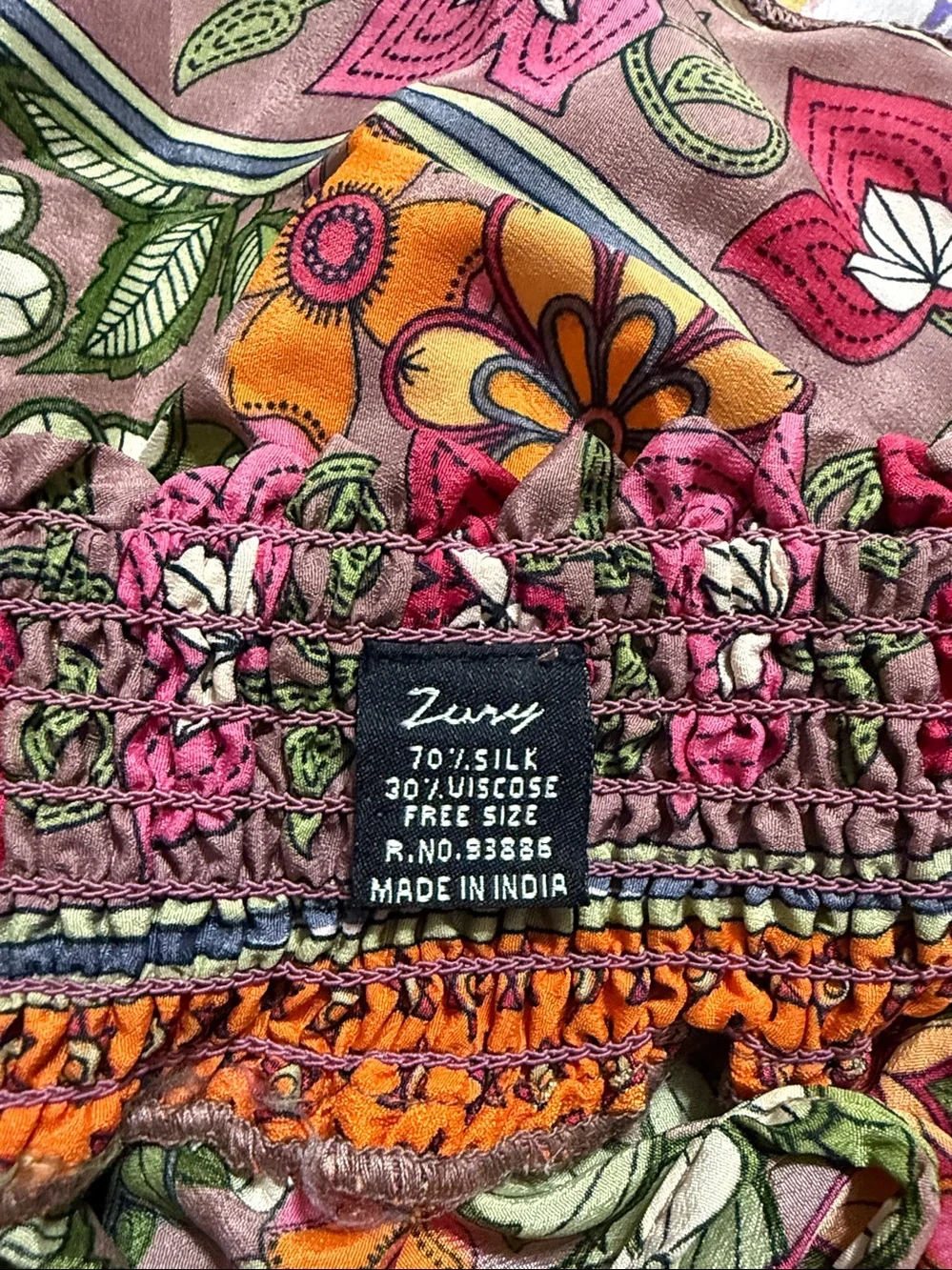Zury Silk Blend Floral Tiered Tassel Mini Skirt Size: Free Size Length: 17”